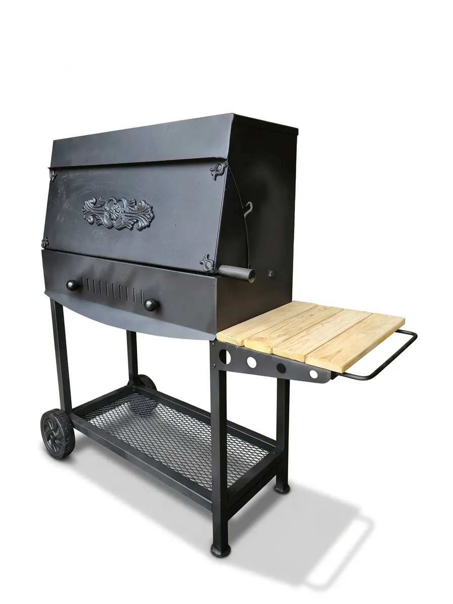 USTA GRILL 15MM KALIN SAC PROFESYONEL BAHCE MANGALI 75CM KAPAKLI BARBEKU TEKERLEKLI SEHPALI