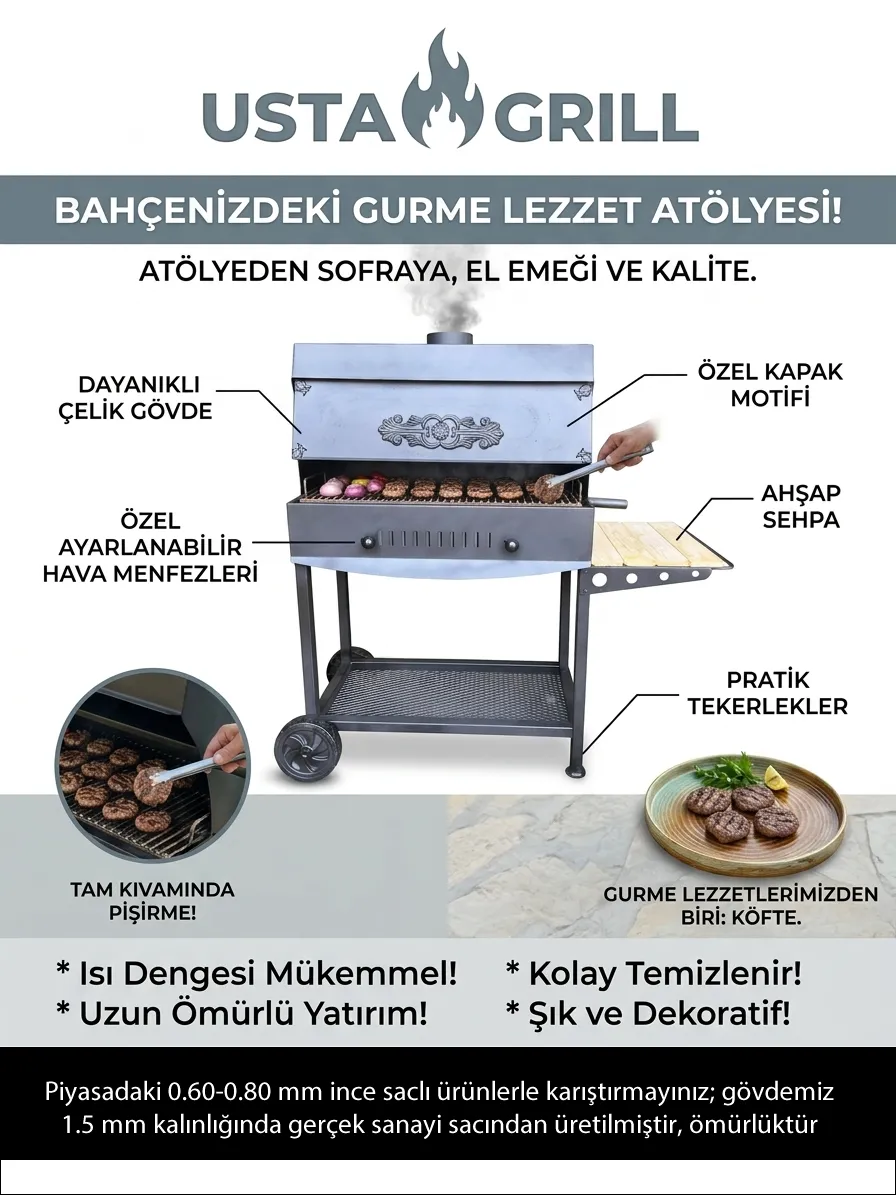 USTA GRILL 15MM KALIN SAC PROFESYONEL BAHCE MANGALI 75CM KAPAKLI BARBEKU TEKERLEKLI SEHPALI