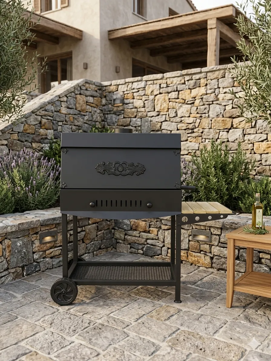 USTA GRILL 15MM KALIN SAC PROFESYONEL BAHCE MANGALI 75CM KAPAKLI BARBEKU TEKERLEKLI SEHPALI