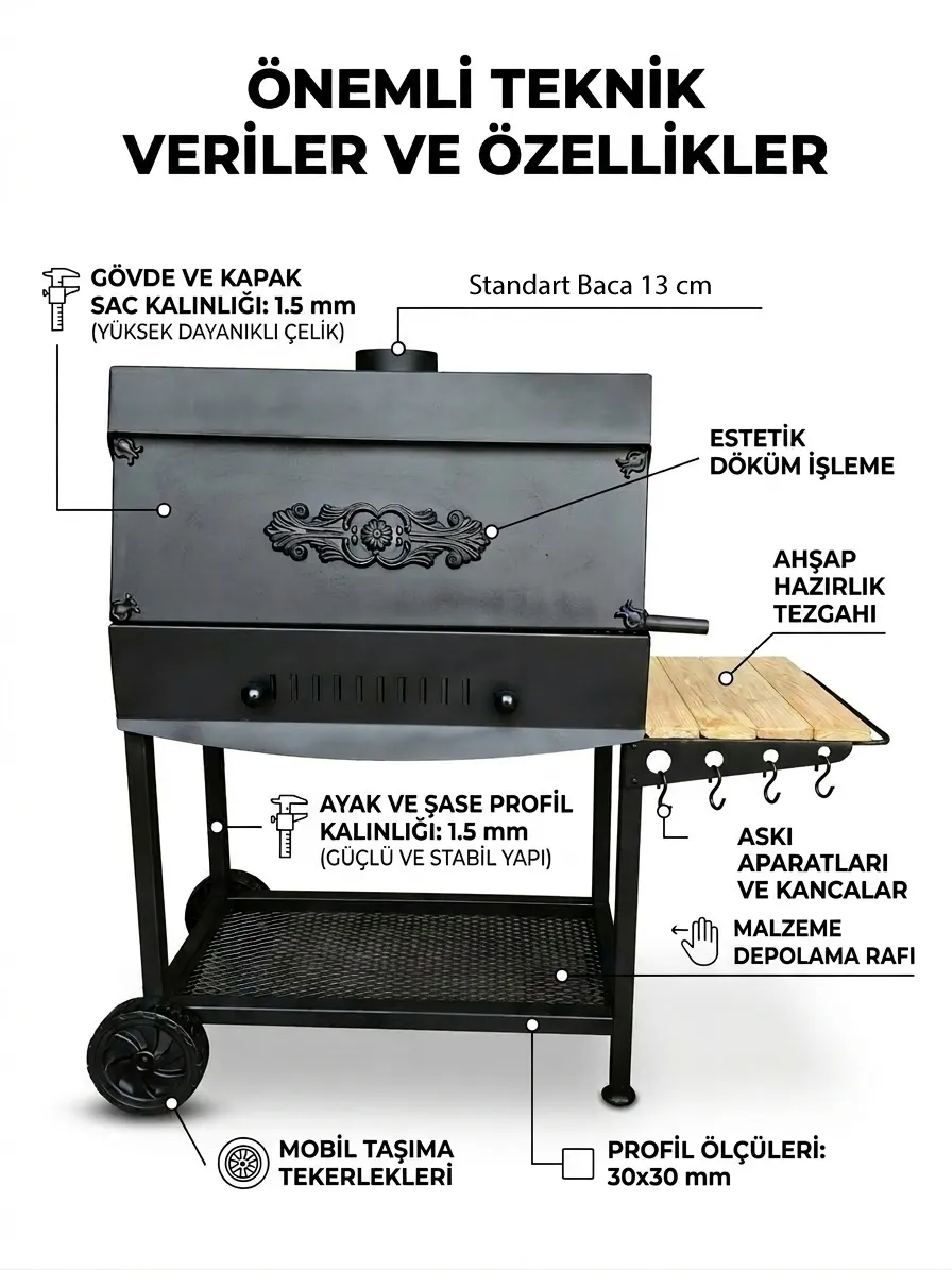 USTA GRILL 15MM KALIN SAC PROFESYONEL BAHCE MANGALI 75CM KAPAKLI BARBEKU TEKERLEKLI SEHPALI