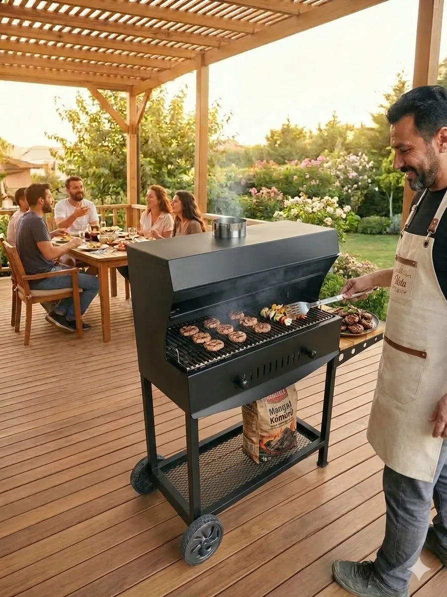 USTA GRILL 15MM KALIN SAC PROFESYONEL BAHCE MANGALI 75CM KAPAKLI BARBEKU TEKERLEKLI SEHPALI