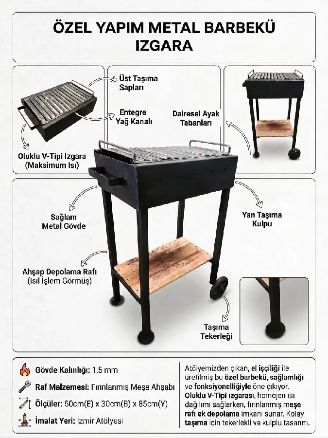 DESAN CRAFT V PRO 15MM KALIN SAC OLUKLU MANGAL BARBEKU TEKERLEKLI AHSAP RAFLI