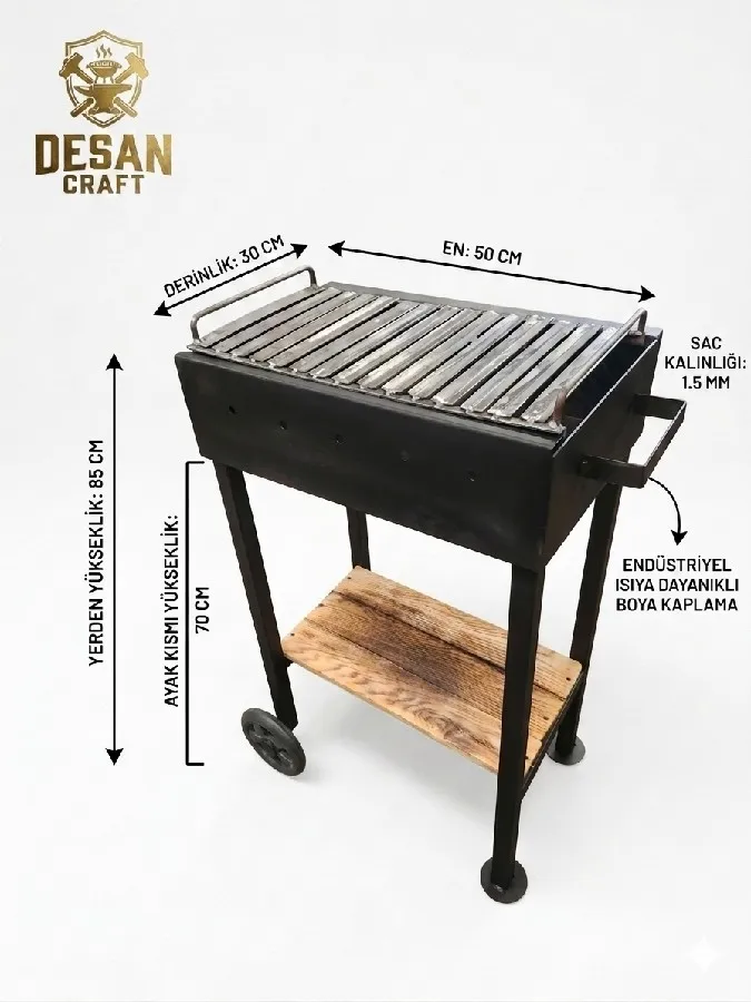 DESAN CRAFT V PRO 15MM KALIN SAC OLUKLU MANGAL BARBEKU TEKERLEKLI AHSAP RAFLI